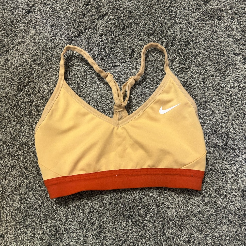Nike Tan and Red Sports Bra with Criss-Cross Straps